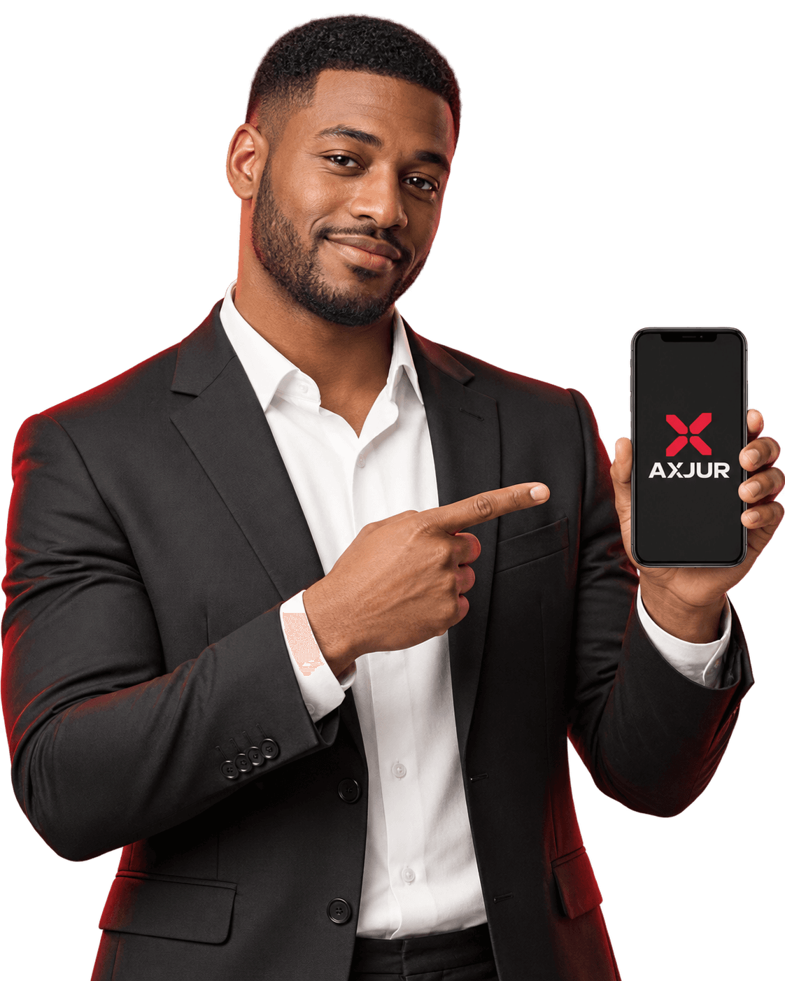 Homem de terno segurando um smartphone com a marca AXJUR e apontando para a tela